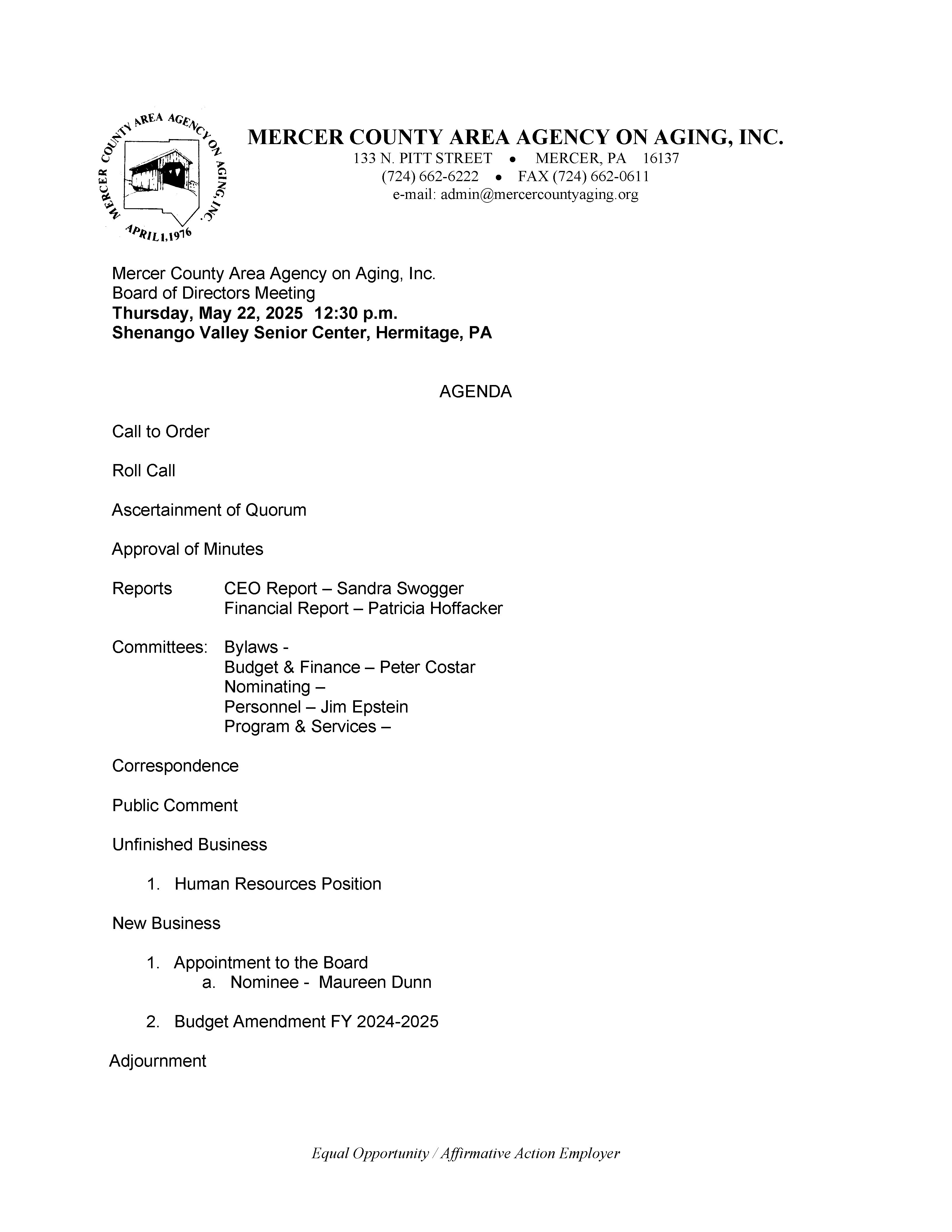 5/22/25 MCAAA, Inc. Board Agenda