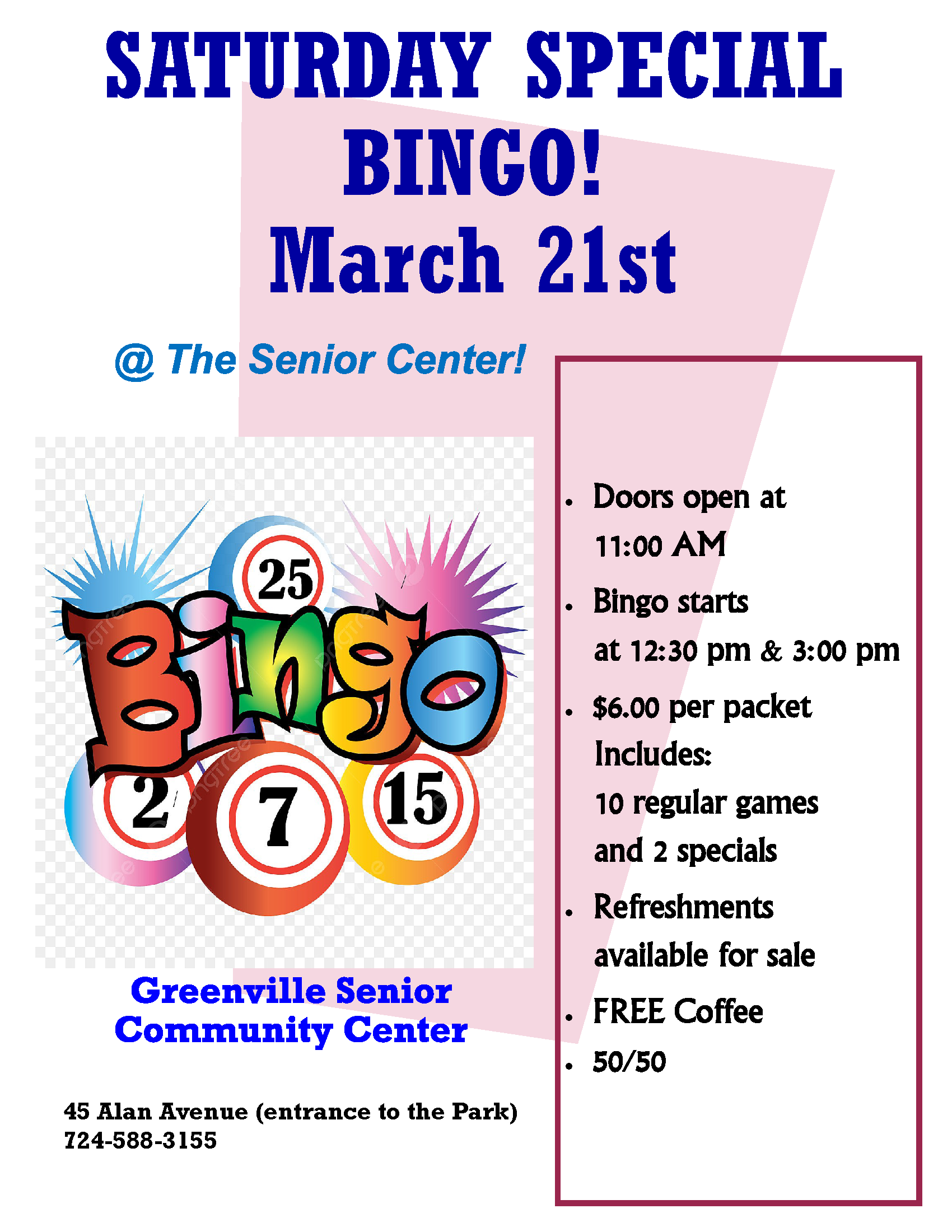 NEW! Saturday Bingo at the Greenville Senior Center